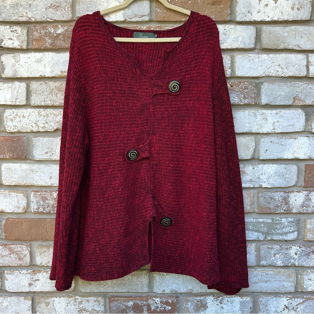 Willow Women's Red Sweater with Unique Large Swirl Button Design